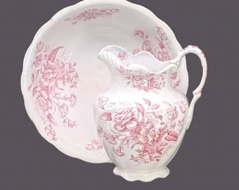 Victorian Camelia Wash Basin and Pitcher: W. Baker Pink Transferware