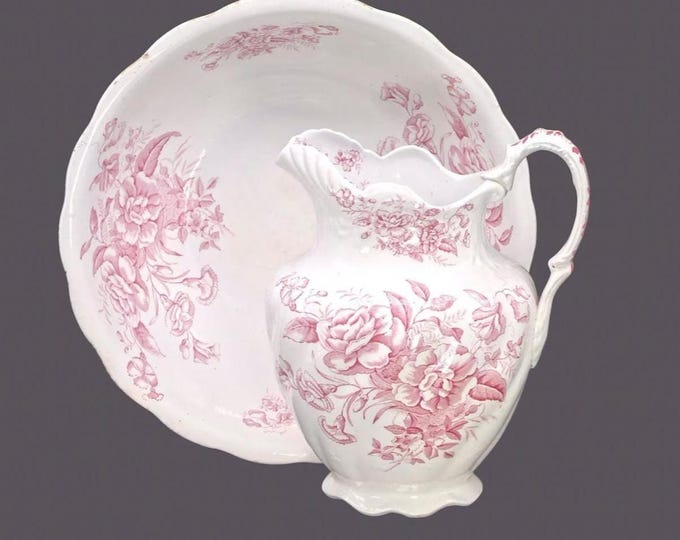 Late Victorian-era W. Baker & Co. Camelia wash basin and pitcher | lavatory set. Pink transferware made in England. Flaws.