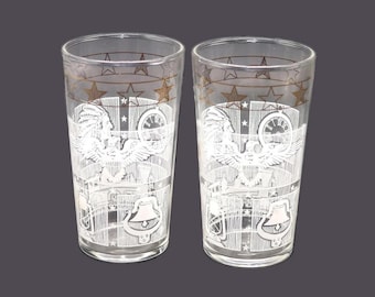 Pair of mid-century Dominion Glass Americana | Indian Chief | American Eagle tumbler glasses. Etched-glass artwork. Made in USA.