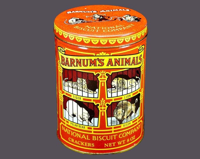 Nabisco Barnum's Animals 1979 biscuit tin made in USA. 1970s reproduction of the original 1914 tin.