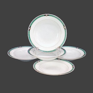 Five Mikasa Serena Jade L3115 rimmed soup bowls made in Thailand.