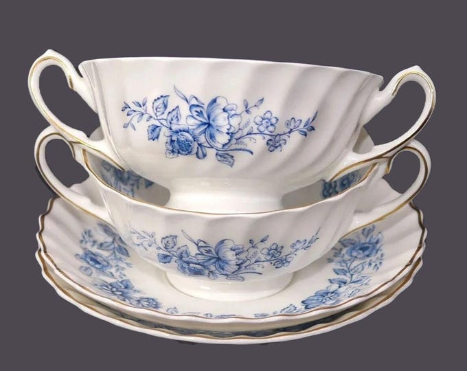 Vintage Royal Doulton Mayfair Blue Bone China Bouillon or Cream Soup Sets. 2 sets.
