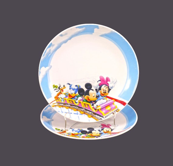 Vintage Disney Mickey & Minnie Roller Coaster Dinner Plates, Pair