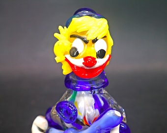 Murano art-glass hand-blown glass clown band member figurine. Clown with banjo. Made in Italy.