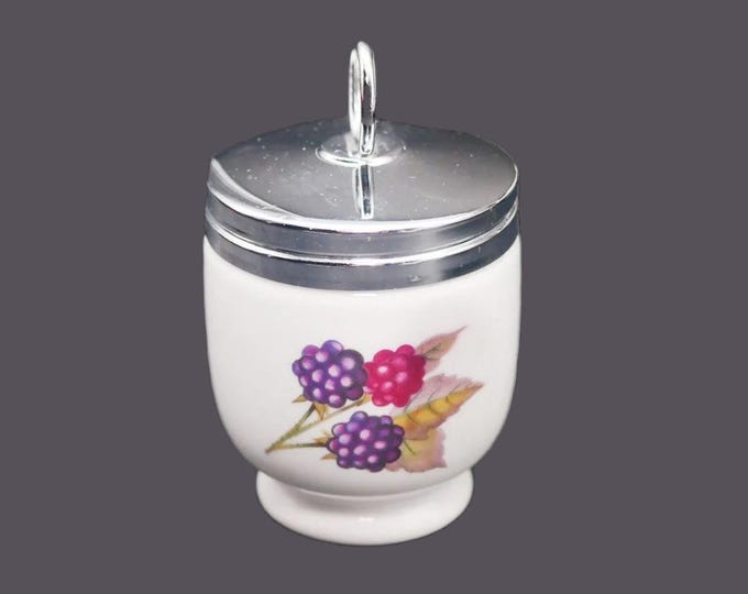 Royal Worcester Evesham single egg coddler with screw-on metal lid made in England. Peaches and berries.