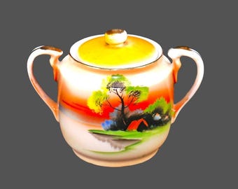 Vintage Chikaramachi Nippon Sugar Bowl: Hand-Painted Cabin Landscape