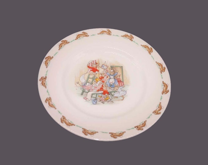 Royal Doulton Bunnykins child's salad plate. Bunnies hanging wallpaper. Made in England.