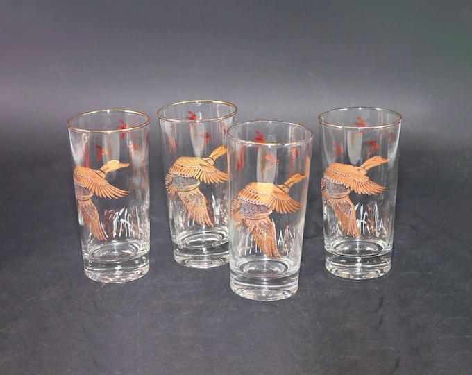 Four MCM Libbey Glass Gold Canada Goose high-ball | tumbler glasses. Etched-glass artwork, gold rims.