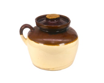 Prohibition-era Ramsbottom Roseville Pottery handled crock | bean pot with lid made in USA. Flaws (see below).