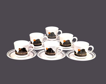 Five Royal Doulton Prairie LS1031 stoneware cup and saucer sets. Lambethware stoneware made in England.