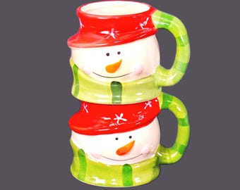 Pair of Royal Norfolk hand-painted Snowman Christmas coffee, tea, coco mugs.