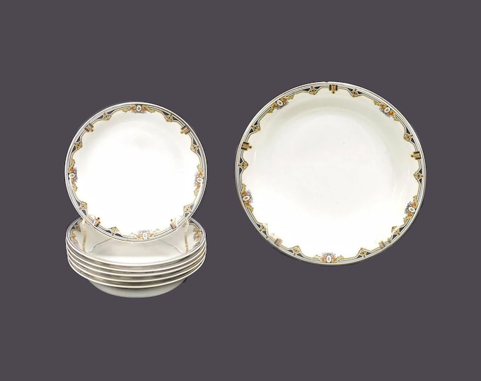 Seven antique Edwardian Age J&G Meakin MEK170 bowls. One soup, six dessert bowls. Sol Sunshine Ironstone made in England. Flaw (see below).