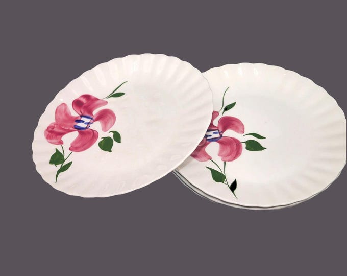 Four Blue Ridge Southern Potteries luncheon plates. Red flower with blue. Made in USA.