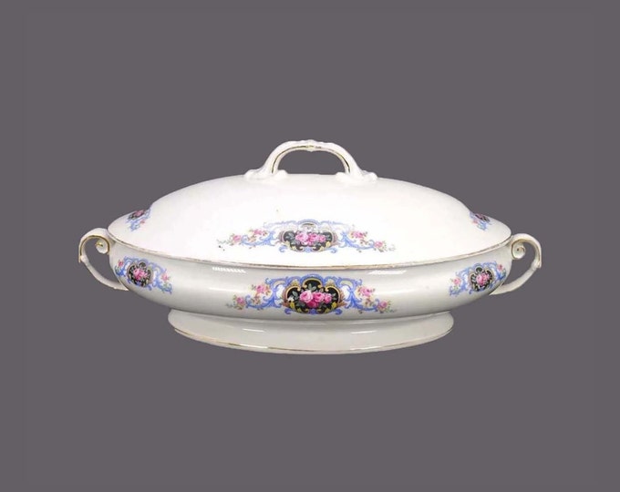 Victoria China 264 covered oval serving bowl. Flowers in basket. Made in Czechoslovakia.