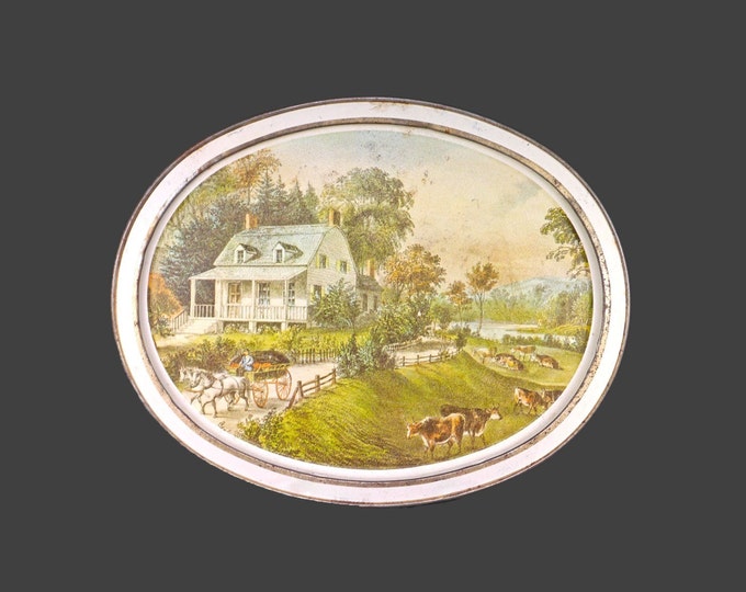 Homestead Summer Currier & Ives oval metal tray. American homestead, cows in the field.