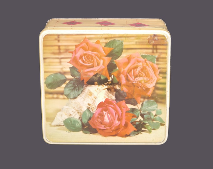 Large, square Gray Dunn biscuits tin. Roses and seashells. Tin made in England.