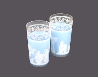 Pair of Jeannette Glass Wedgwood Jasperware style Hellenic Blue | Grecian high-ball glasses. Gold rims.