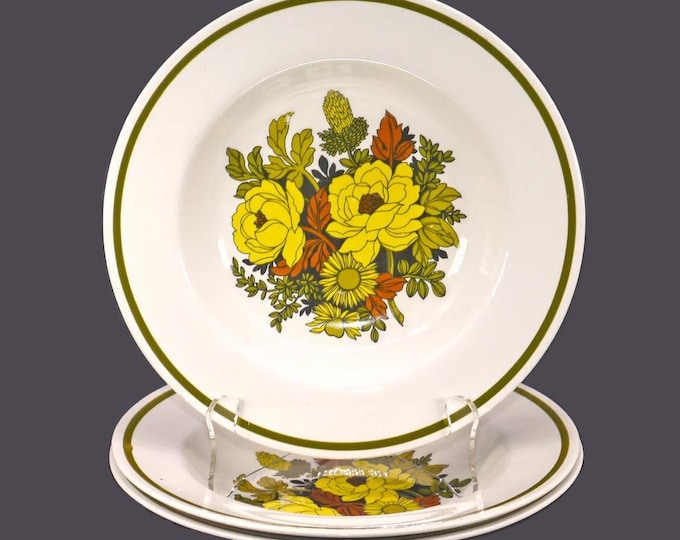 Three Grindley Mayflower rimmed soup bowls. Satin White ironstone made in England.