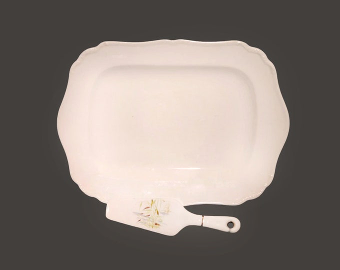 Antique Edwardian Age J&G Meakin MEK144 turkey platter with lifter. Embossed scrolls, scalloped edge. Sol Sunshine ironstone made England.