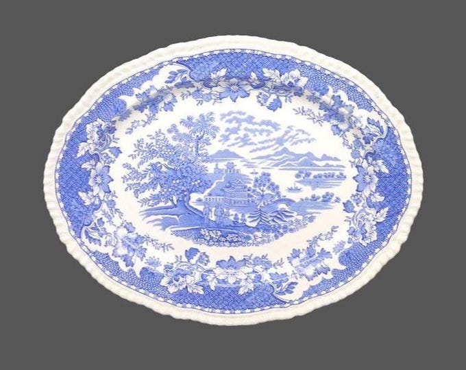 Wood & Sons Seaforth Blue oval platter. Blue-and-white tableware made in England.