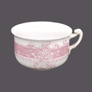 Antique Victorian-era Upper Hanley Pottery Lucerne pink transferware chamber pot, commode, toilet bed. Flaws.