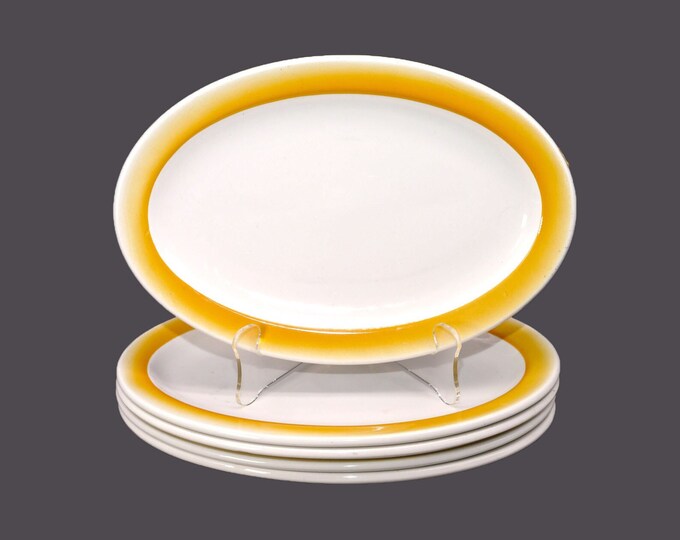 Five individual burger or steak platters. Grindley Duraline Hotelware made in England. Yellow band.