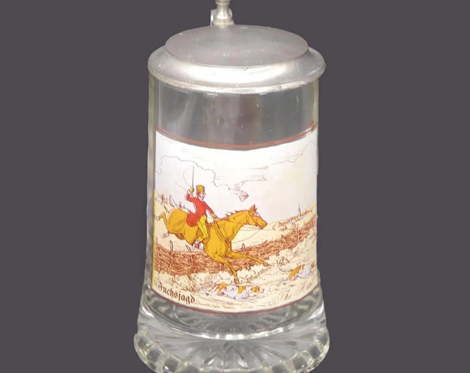 Vintage Fiye Italy glass and pewter covered beer stein "Fuchsjagd" The Fox Hunt.