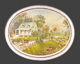 Homestead Summer Currier & Ives oval metal tray. American homestead, cows in the field.