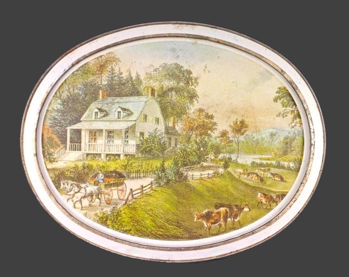 Homestead Summer Currier & Ives oval metal tray. American homestead, cows in the field.