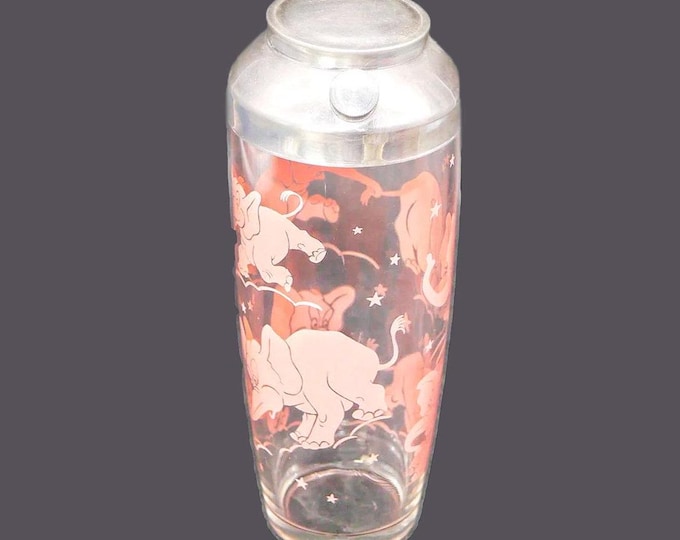 Hazel Atlas Pink Elephant glass cocktail martini shaker mixer. Iconic mid-century barware made in USA.