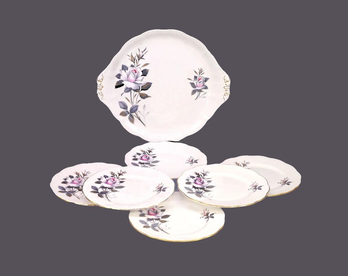 Royal Albert Queen's Messenger dessert plate set. Lugged serving plate, six tea plates. Bone china made in England.
