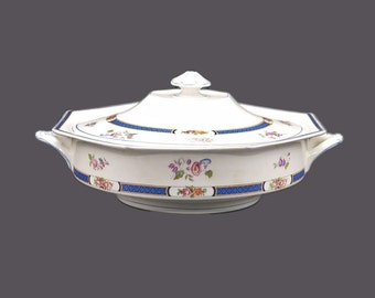 Victorian-era John Maddock & Sons covered serving bowl. Multicolor florals, blue bands. Royal Vitreous Ironstone made in England.