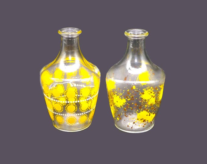 Pair of Atomic Age etched-glass decanters | carafes. Yellow dots and splotches. Made in France.