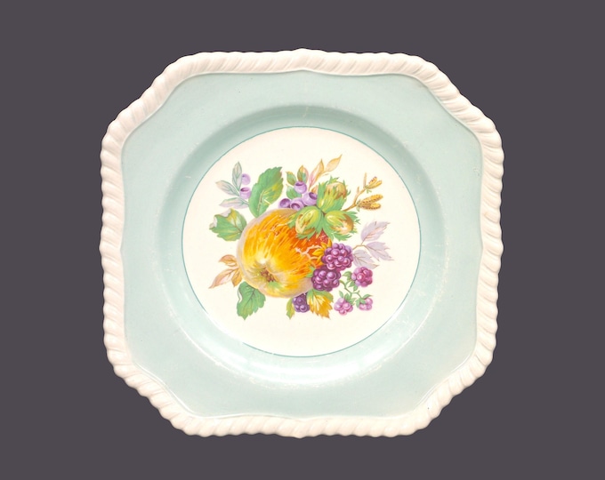 Johnson Brothers California square salad plate made in England. Aqua rim with apple, berries.