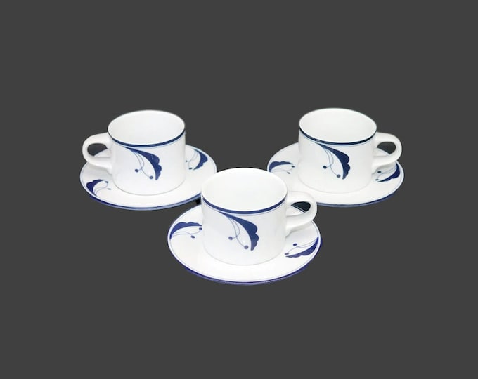 Three Dansk Bayberry Blue cup and saucer sets. Dansk Flora line. Niels Refsgaard design made in Portugal.