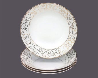 Holiday Joy | Spal Piazza rimmed soup bowls. Gold scrolls on white. Choose quantity below.