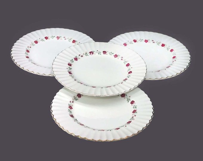 Four J&G Meakin Rose Marie dinner plates. Classic White ironstone made in England.
