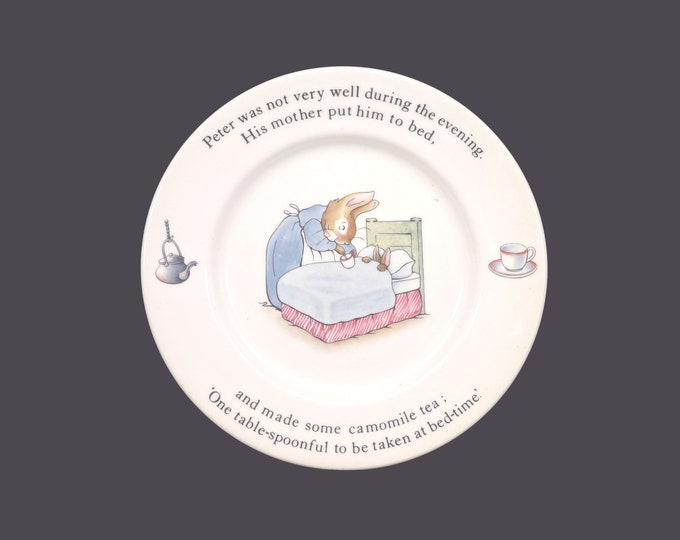 Wedgwood Peter Rabbit child | baby | toddler plate. Peter Rabbit is sick in bed getting camomile tea. Made in England.