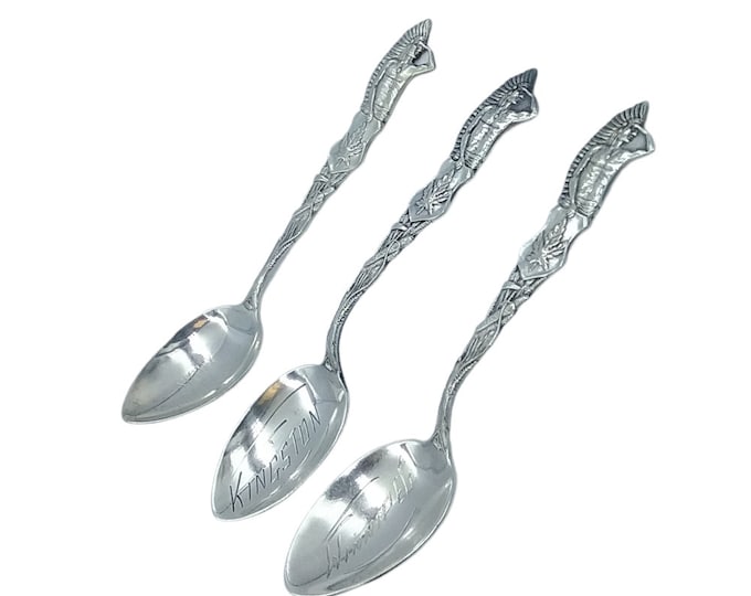 Three sterling silver souvenir teaspoons. Canadiana Kingston, Sioux Lookout, Winnipeg engravings.