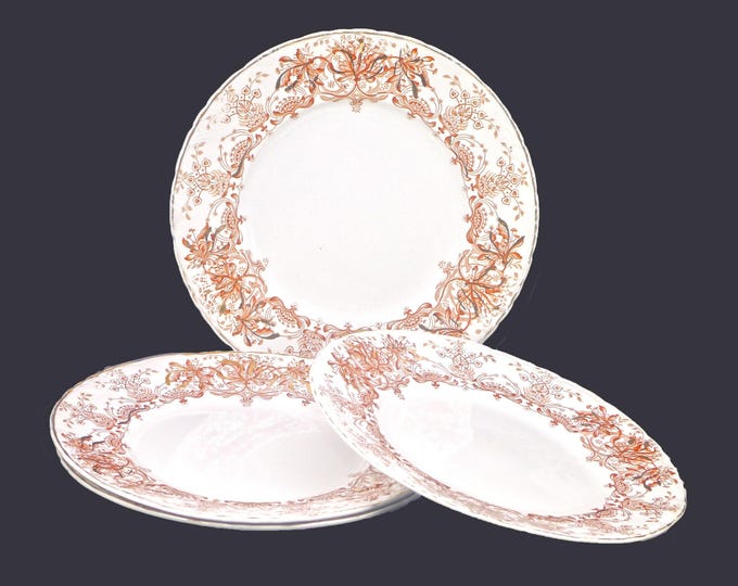 Four antique Edwardian Age Dudson, Wilcox & Till Corona Brown dinner plates made in England.