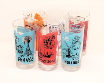 MCM European Cities of the World high ball glasses. Gold rims. Set of 6.