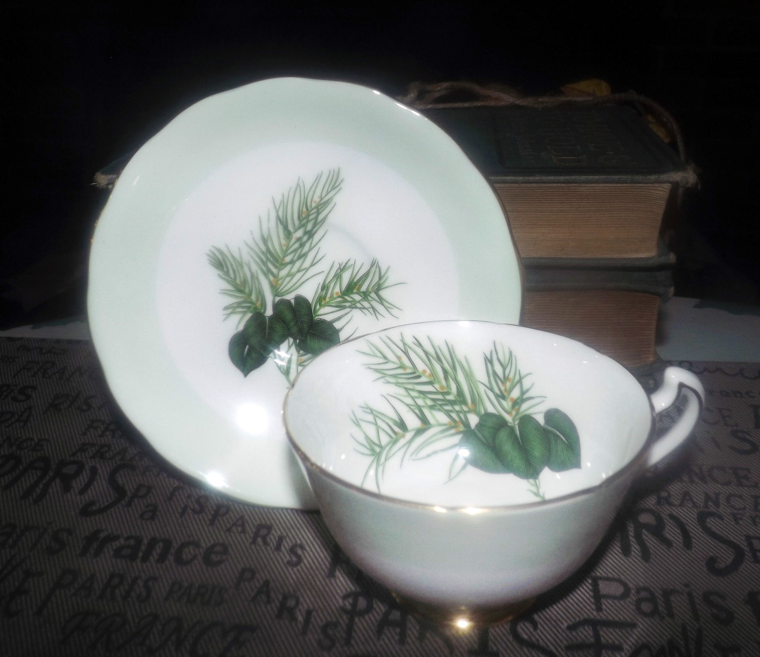 Midcentury Melba Bone China Sherwood handdecorated tea set (footed cup and matching saucer