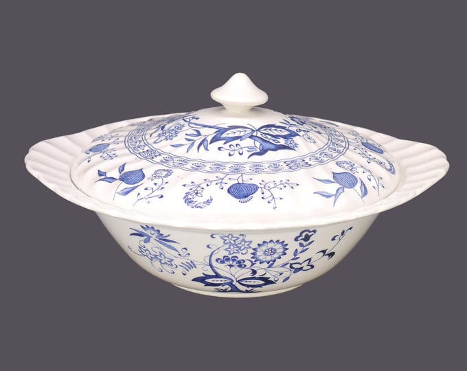 J&G Meakin Blue Nordic | Blue Onion covered, lugged serving bowl. Classic blue-and-white tableware made in England. Flaws.