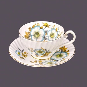 Vintage Stanley Bone China Tea Cup and Saucer Set: Blue Anemone Floral, Gold Accents