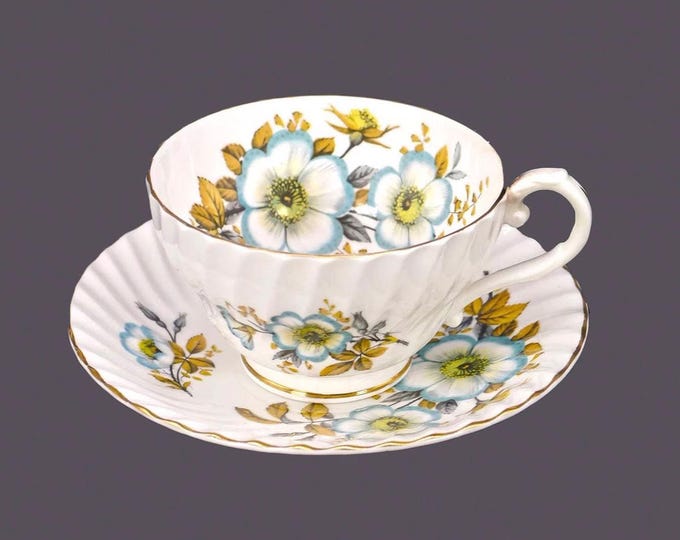 Stanley Bone China wide-mouth cup and saucer set made in England. Blue anemones, brown leaves.