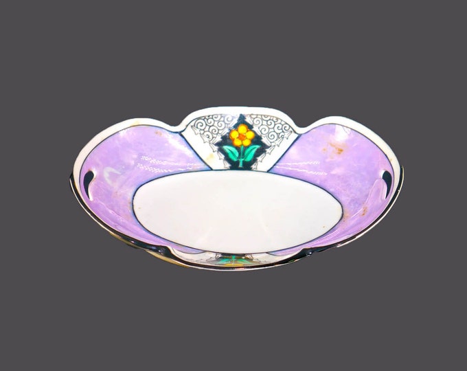 Morimura | Noritake | hand-painted Nippon nut or candy dish. Yellow flowers, scrolls, lavender luster, black edge made in Japan