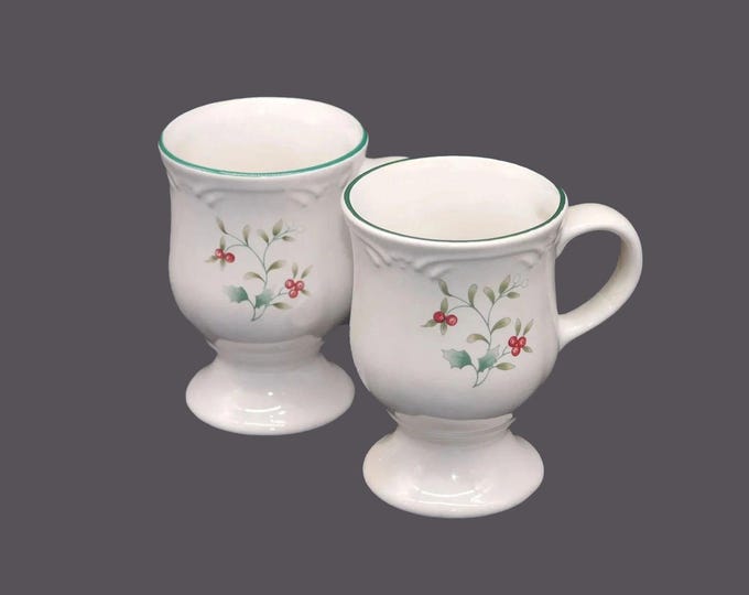 Pair of Pfaltzgraff Winterberry stoneware pedestal coco | hot chocolate mugs made in the USA.