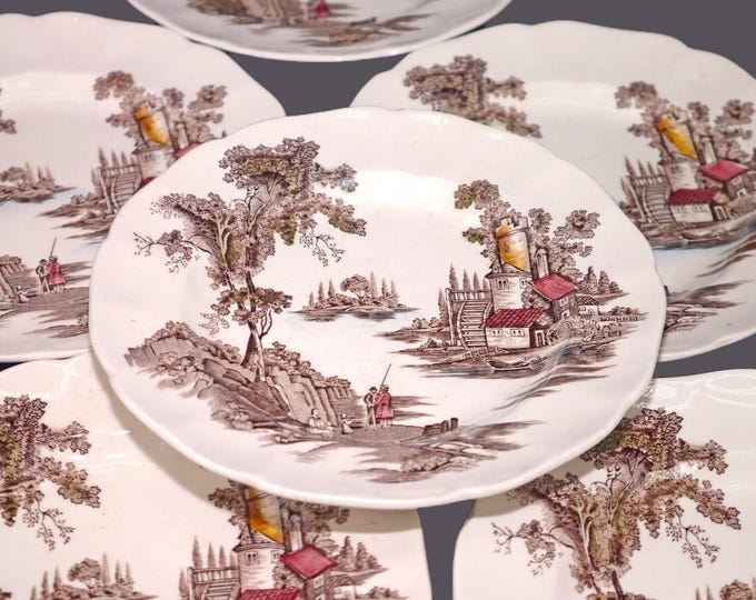 Six Johnson Brothers The Old Mill Brown Multicolor bread plates made in England.