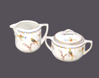 Antique MZ Altrohlau Victoria creamer and covered sugar bowl. Bird of paradise.