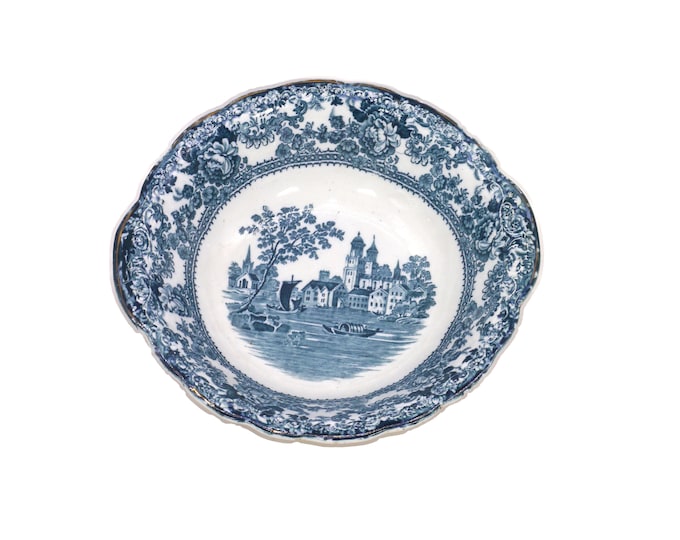Antique Victorian-era Colonial Pottery | Winkle & Wood Togo round, lugged flow-blue serving bowl made in England. Minor flaw (see below).